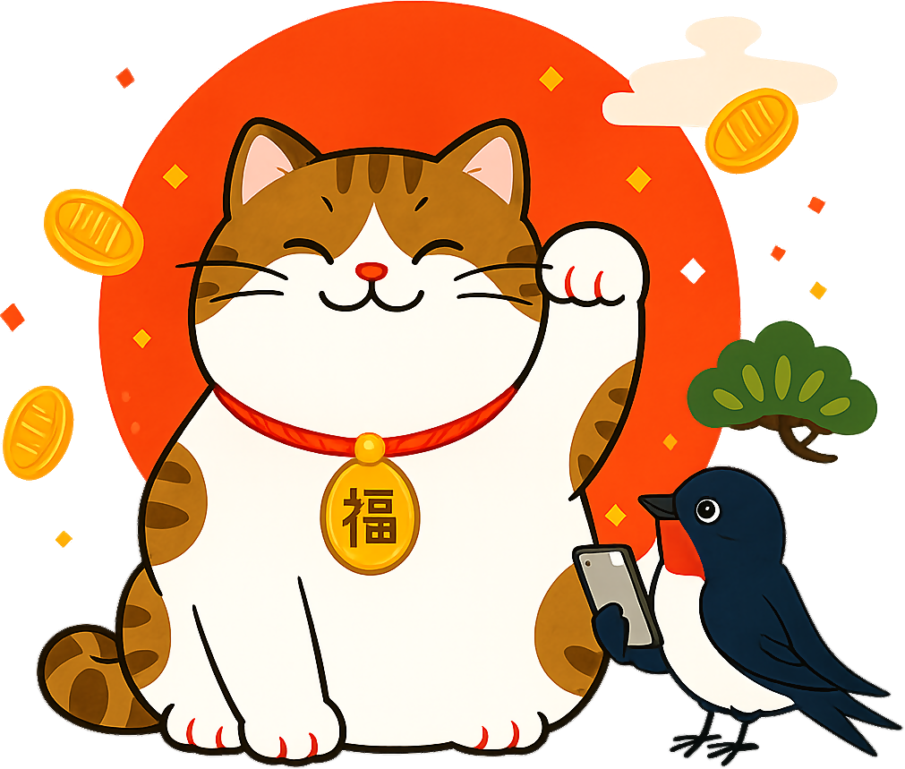 福の巾着を提げた招き猫と、スマートフォンを持つ案内役の鳥のイラスト